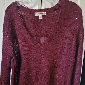 Long-sleeved Maroon Burgundy Low V Neck Shirt